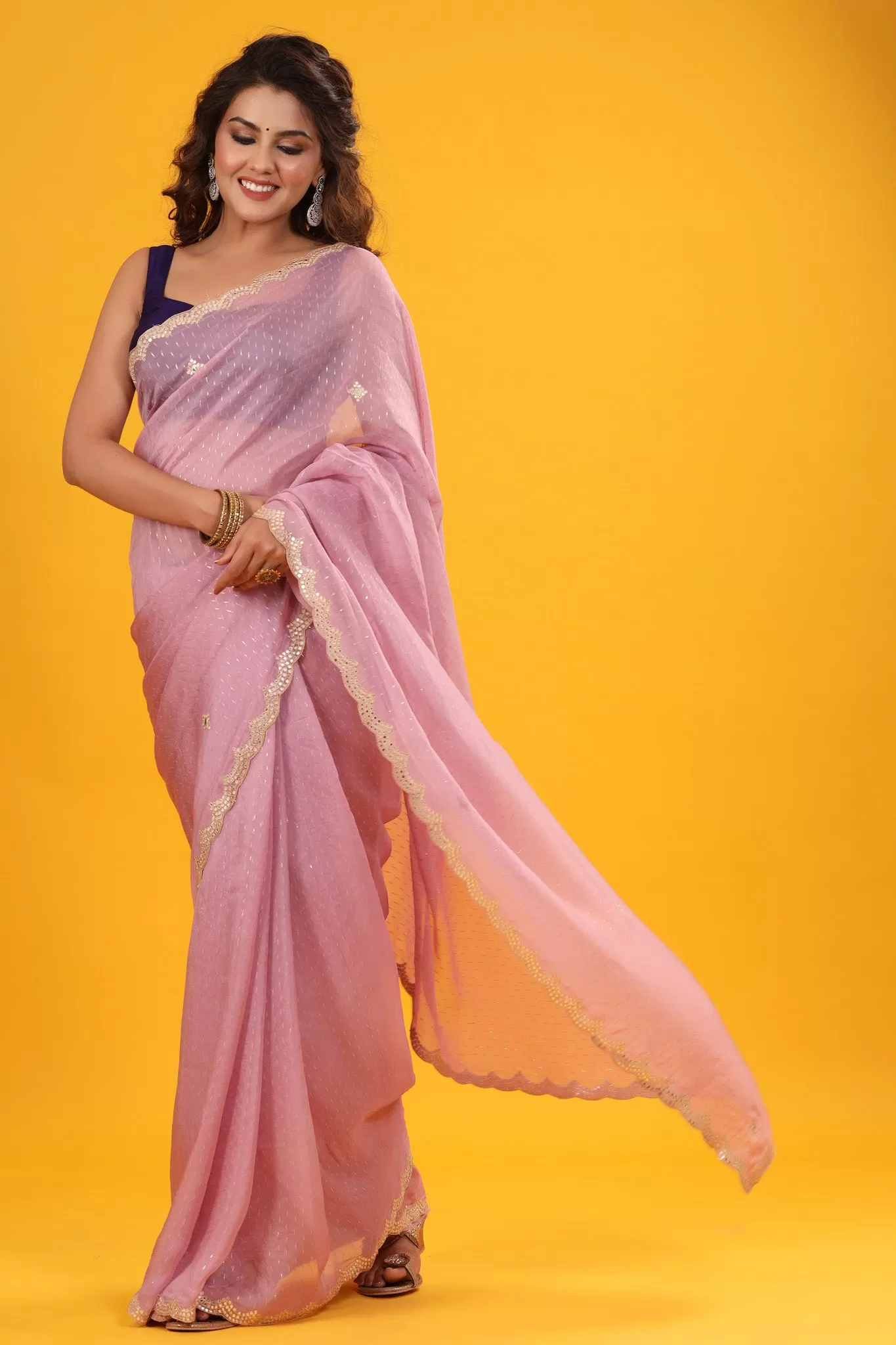 90Z664-RO Light Pink Organza Saree with Embroidered Scalloped Border