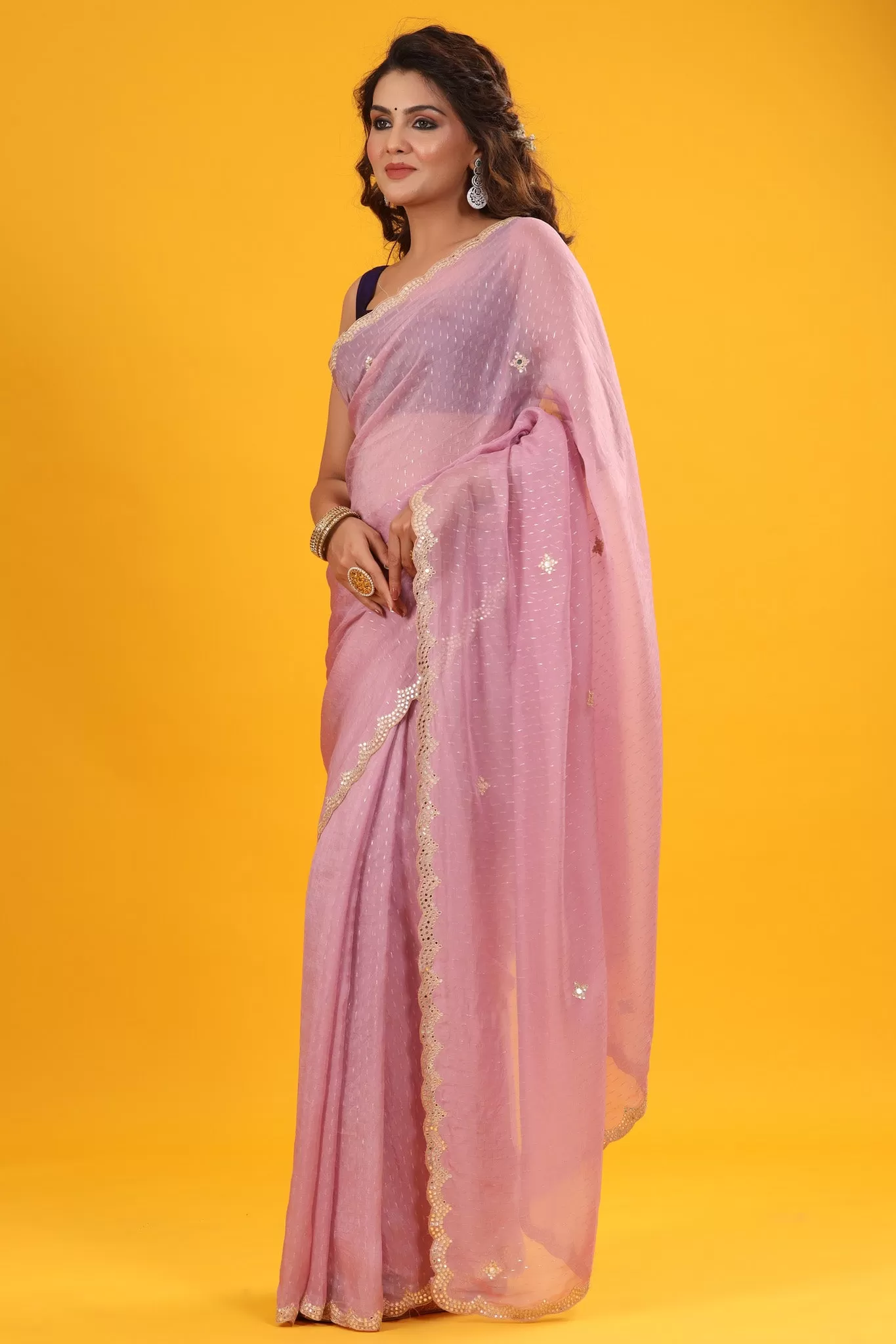 90Z664-RO Light Pink Organza Saree with Embroidered Scalloped Border