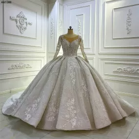 AM1386 Royal Long Sleeve V-neck Applique Lace Glitter Tulle Ball Gown Wedding Dress