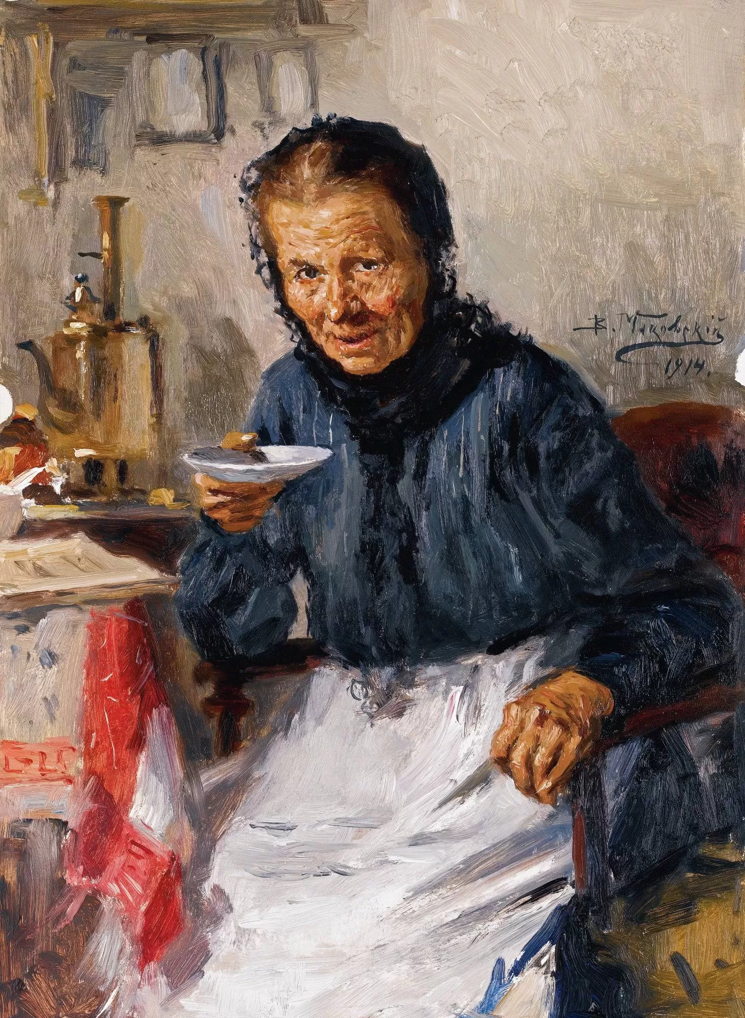 An old woman drinking tea