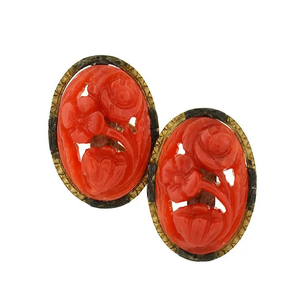 Art Deco 14kt Natural Oxblood Coral Carved Flower Cufflinks