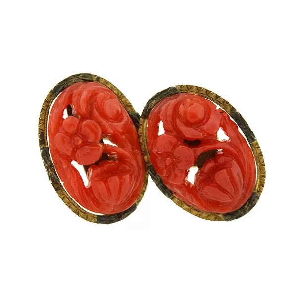 Art Deco 14kt Natural Oxblood Coral Carved Flower Cufflinks