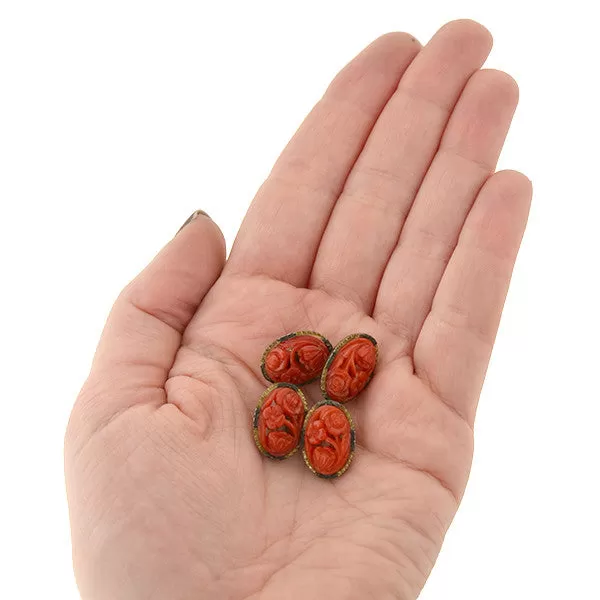 Art Deco 14kt Natural Oxblood Coral Carved Flower Cufflinks