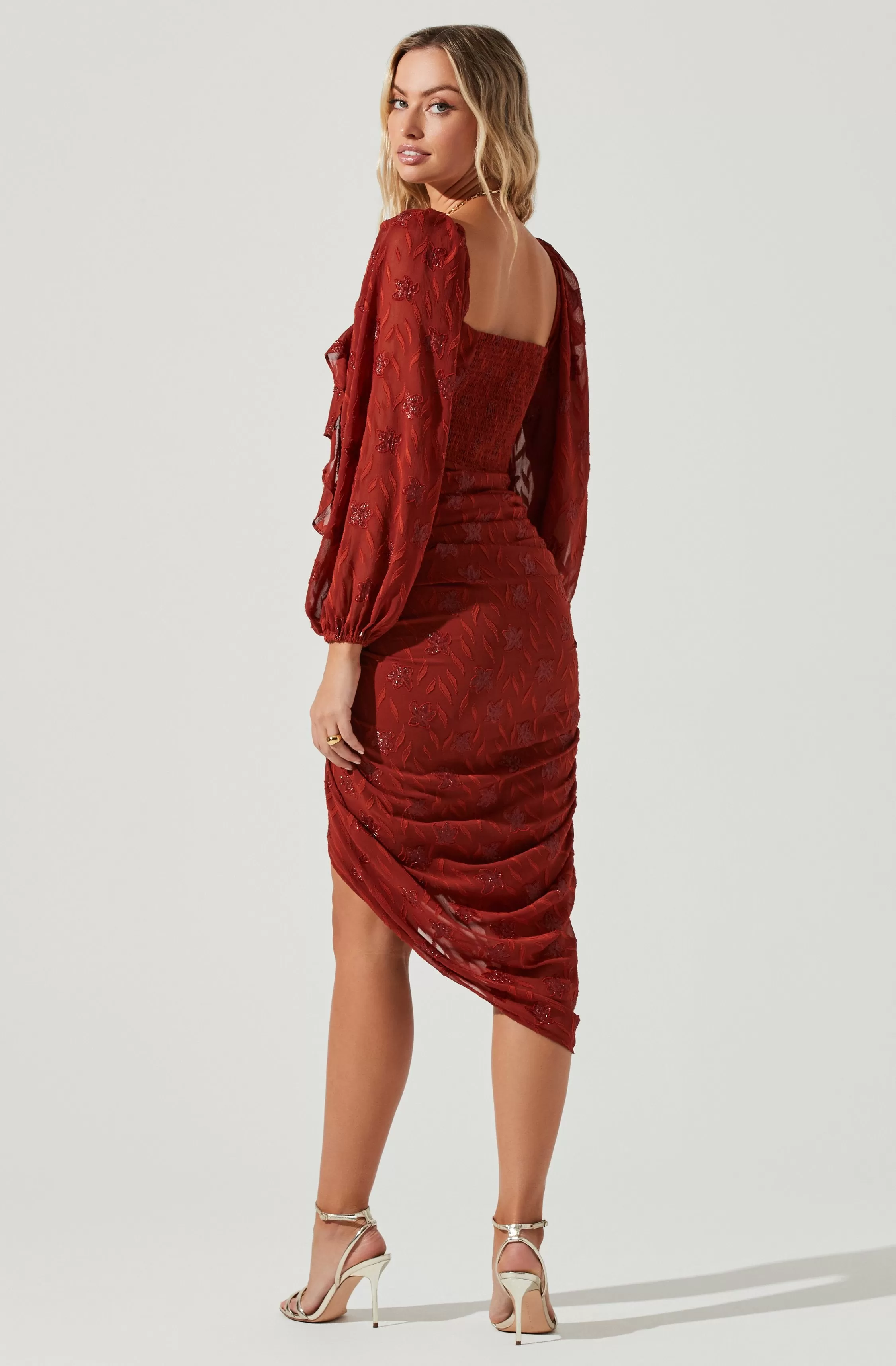 Athens Ruched Puff Sleeve Burnout Midi Dress