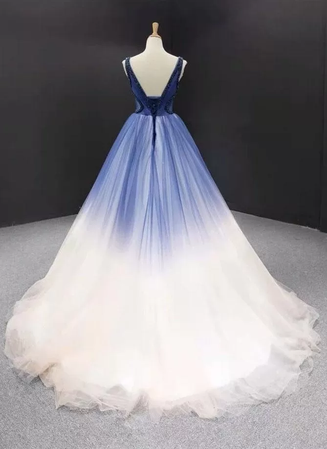 Ball Gown Ombre V Neck Tulle Royal Blue Long Prom Dresses, Quinceanera Dresses STK15067