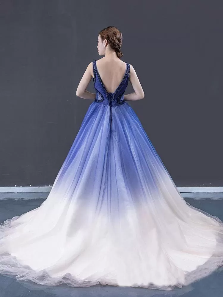 Ball Gown Ombre V Neck Tulle Royal Blue Long Prom Dresses, Quinceanera Dresses STK15067