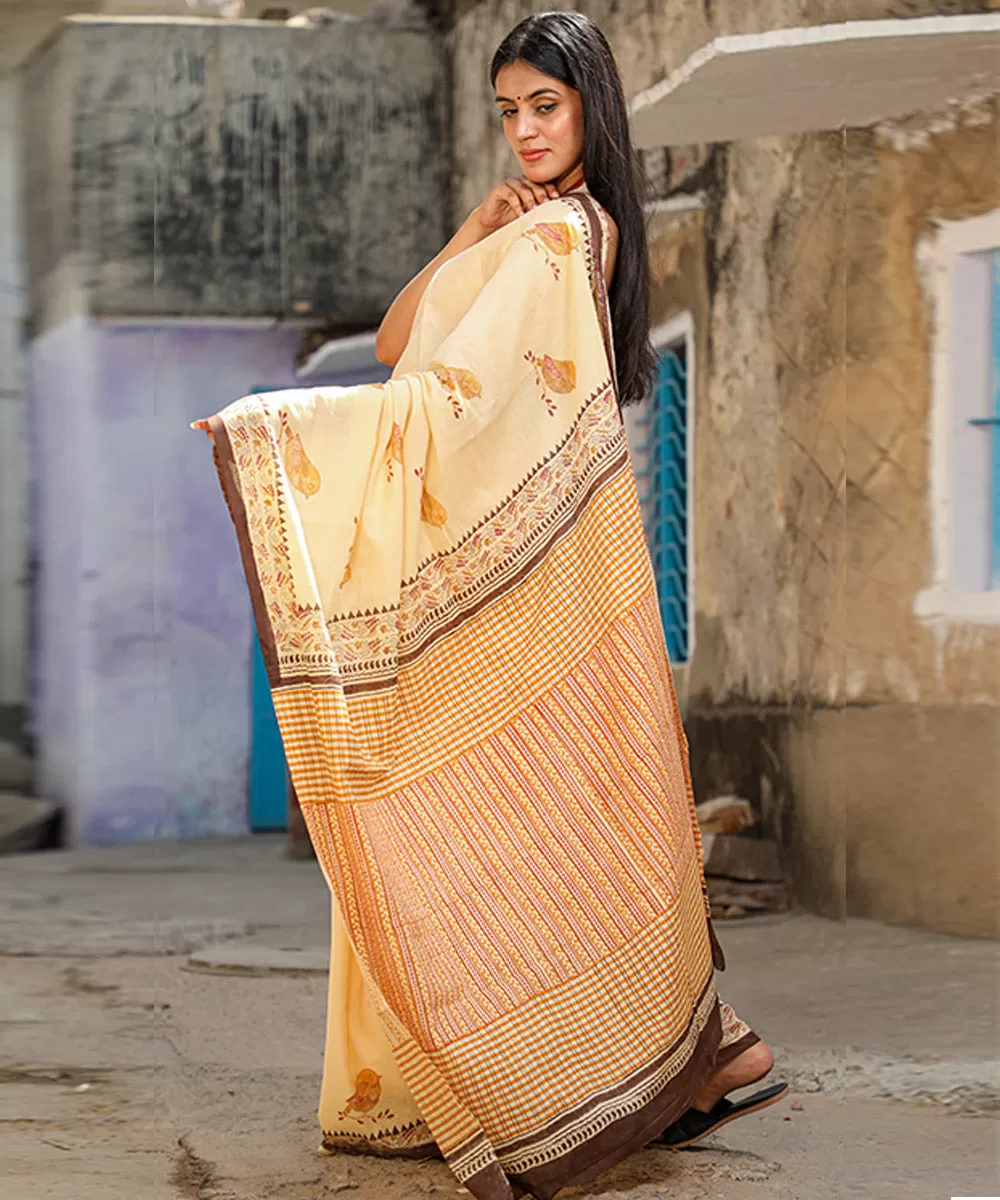 Beige brown cotton hand block sanganeri printed saree