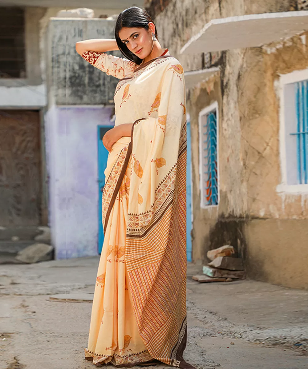 Beige brown cotton hand block sanganeri printed saree