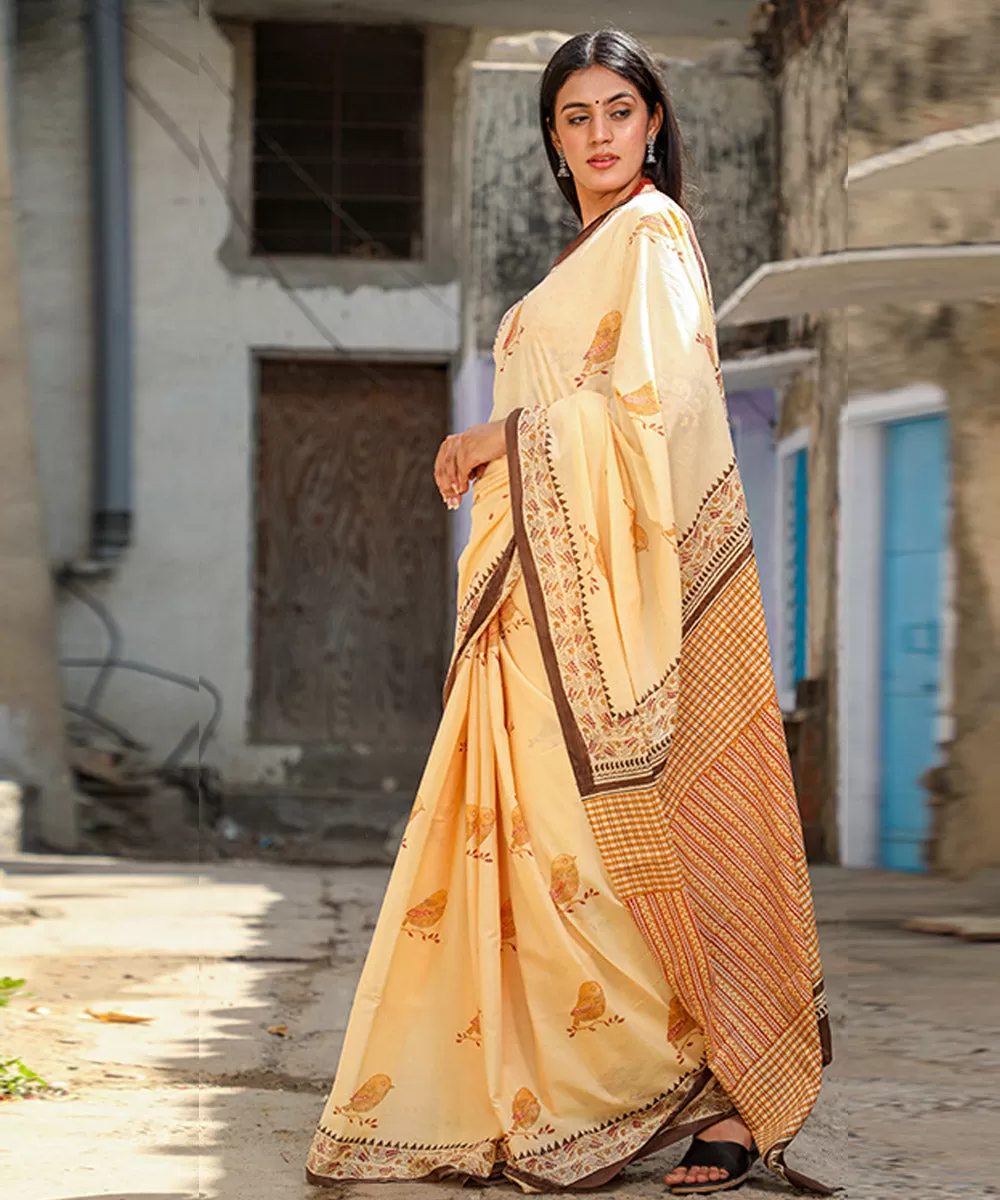 Beige brown cotton hand block sanganeri printed saree