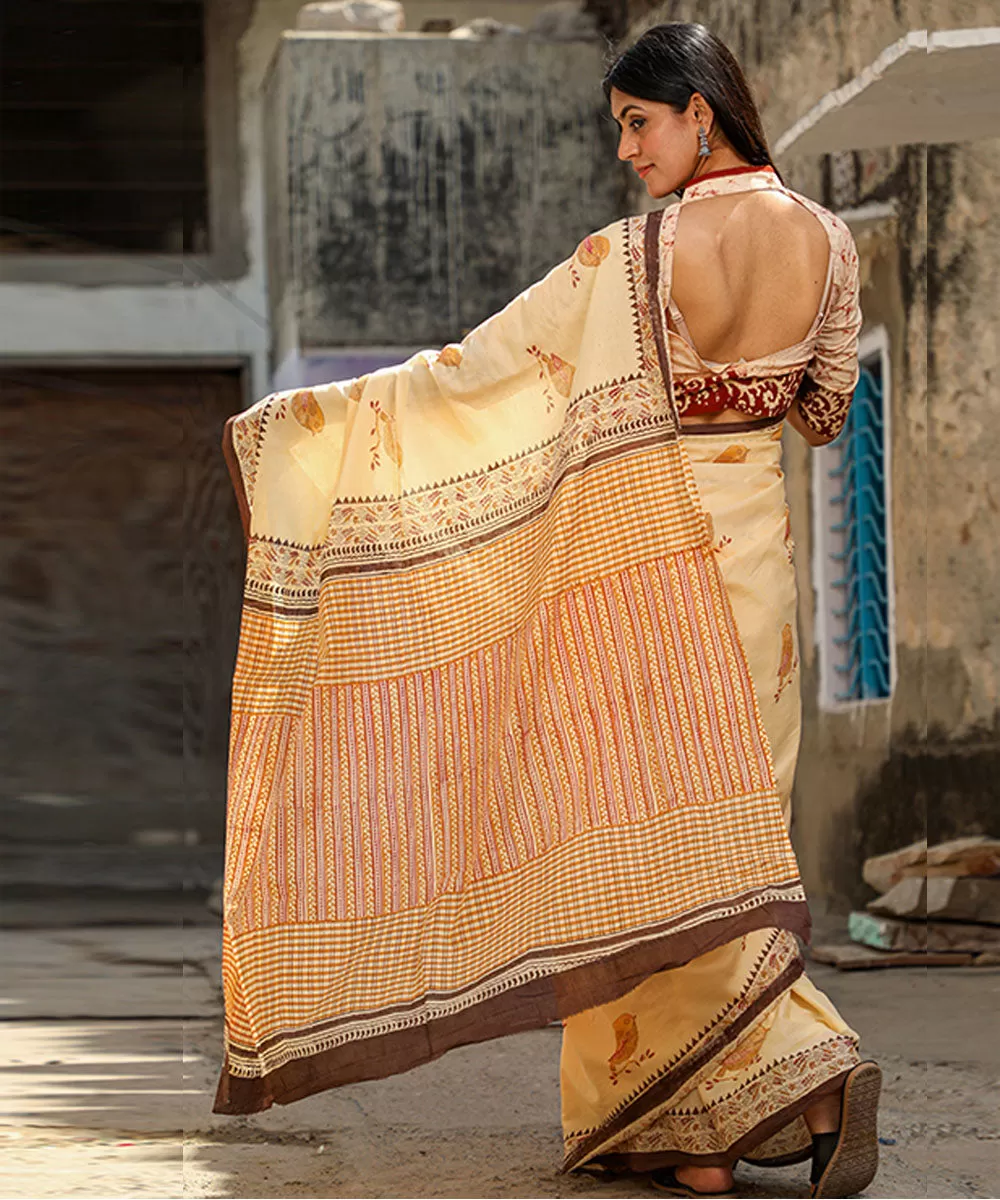 Beige brown cotton hand block sanganeri printed saree