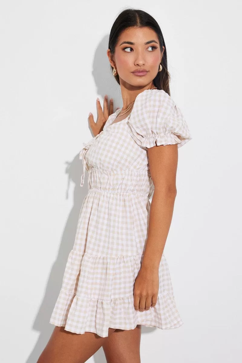 Beige Check Fit and Flare Dress Short Sleeve Tiered