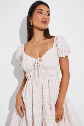 Beige Check Fit and Flare Dress Short Sleeve Tiered