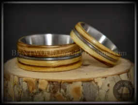 Bentwood Rings Set - Striped Rock & Roll Couple Zebrawood with Matching Silver Electric Guitar String Inlays on Titanium Steel Core