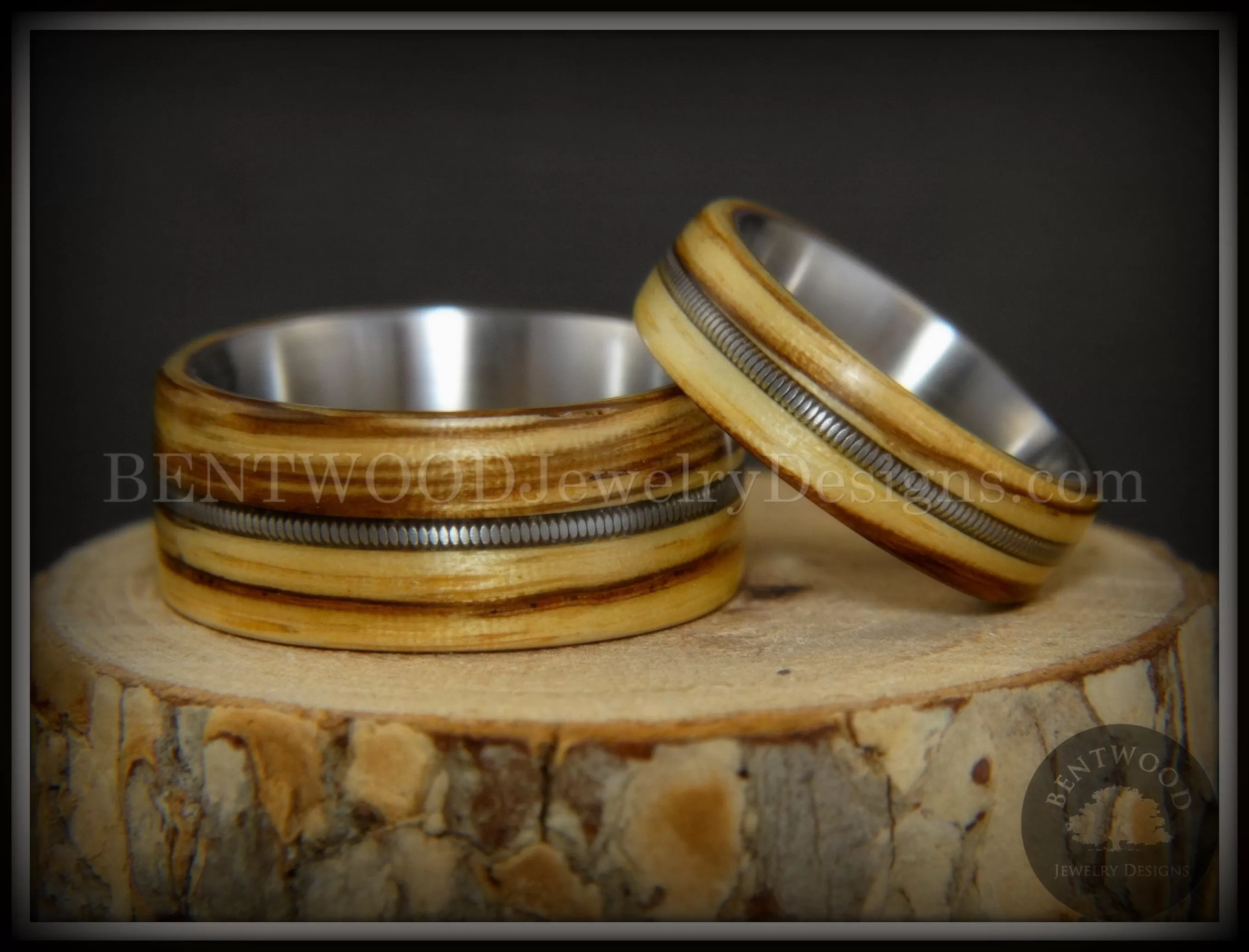 Bentwood Rings Set - Striped Rock & Roll Couple Zebrawood with Matching Silver Electric Guitar String Inlays on Titanium Steel Core