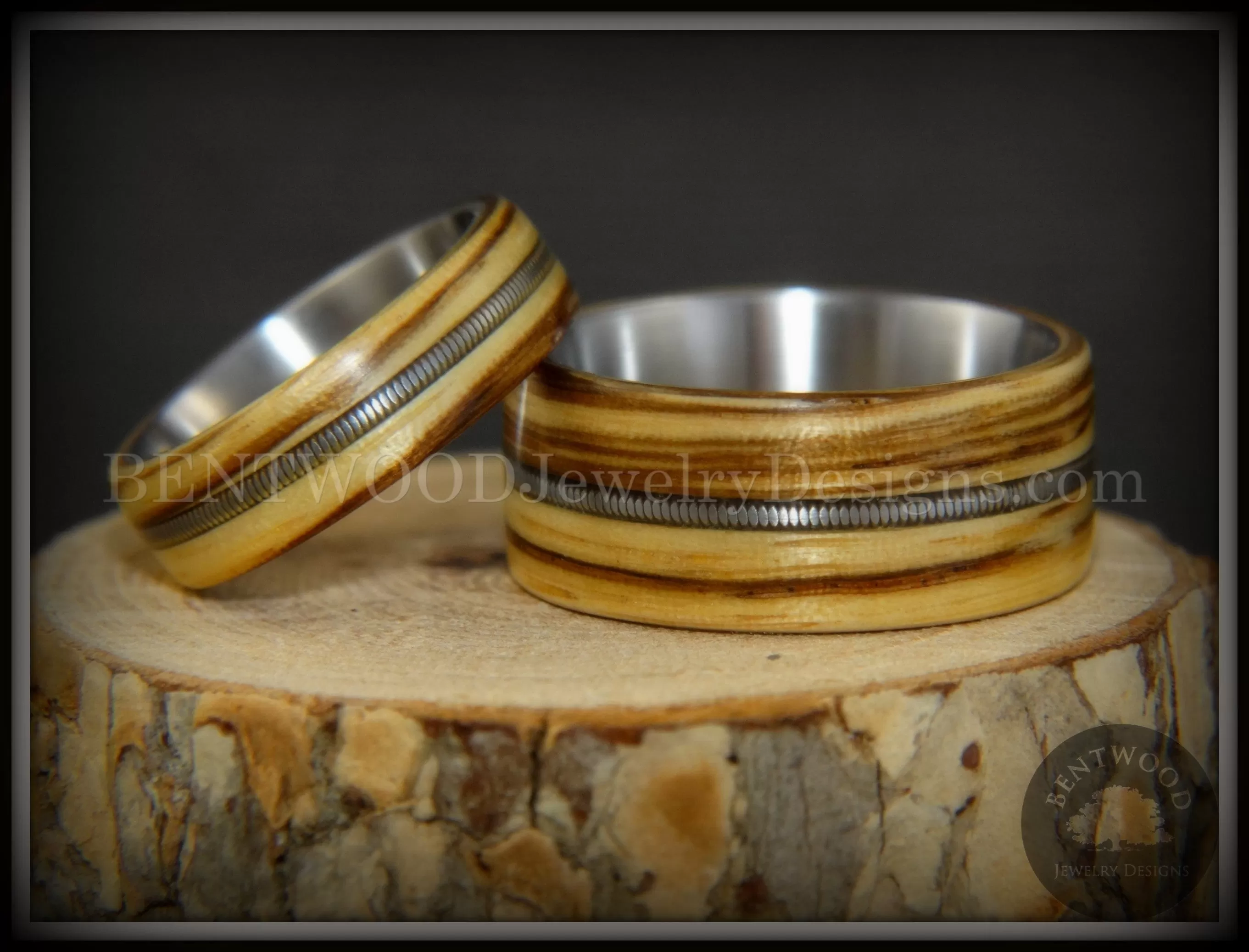 Bentwood Rings Set - Striped Rock & Roll Couple Zebrawood with Matching Silver Electric Guitar String Inlays on Titanium Steel Core