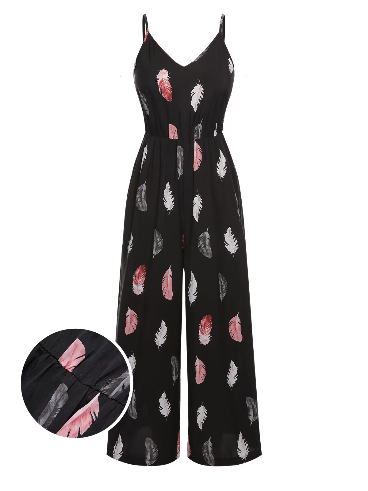 Black 1930s Feather Print Spaghetti Strap Jumpsuit