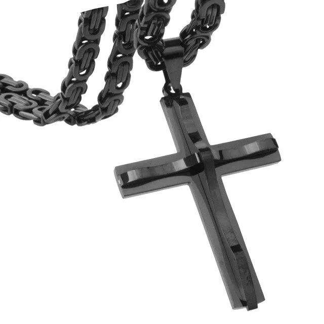 Black & Gold Cross Pendant with Wavy Metal Overlay and Byzantine Chain Necklace