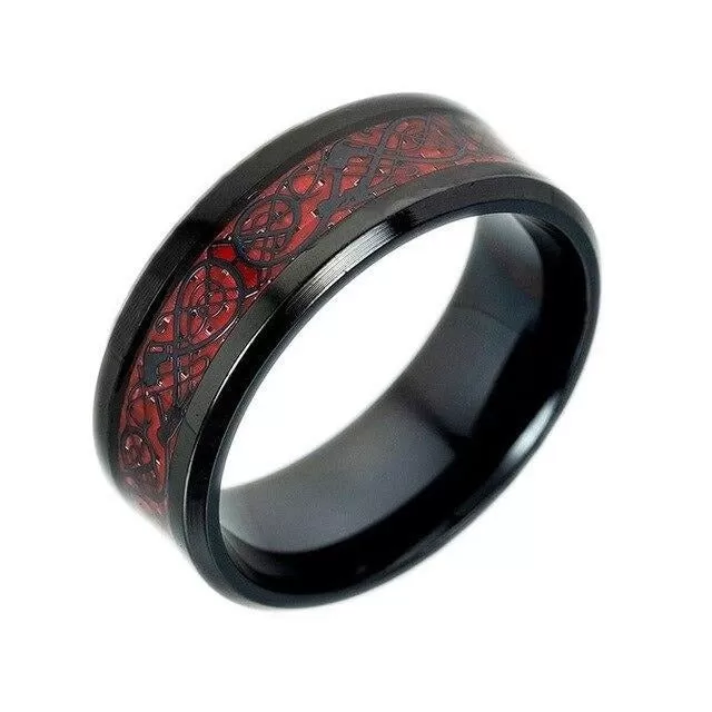 Black Celtic Dragon Inlay and Bow White/Red Cubic Zirconia Stainless Steel Wedding Ring Set