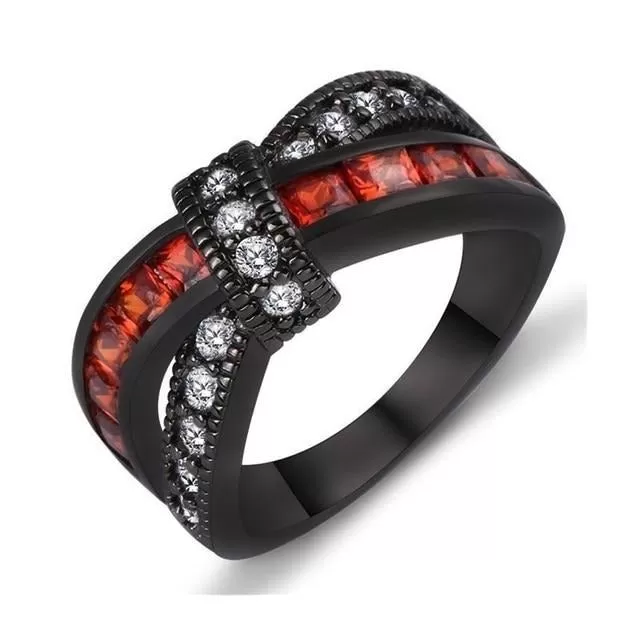 Black Celtic Dragon Inlay and Bow White/Red Cubic Zirconia Stainless Steel Wedding Ring Set