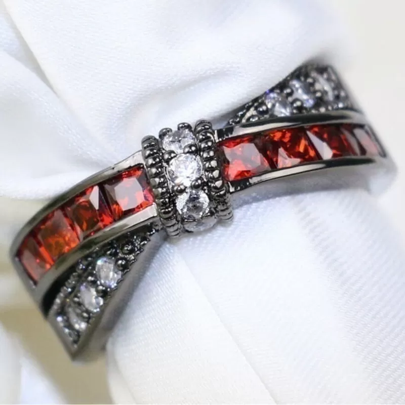 Black Celtic Dragon Inlay and Bow White/Red Cubic Zirconia Stainless Steel Wedding Ring Set