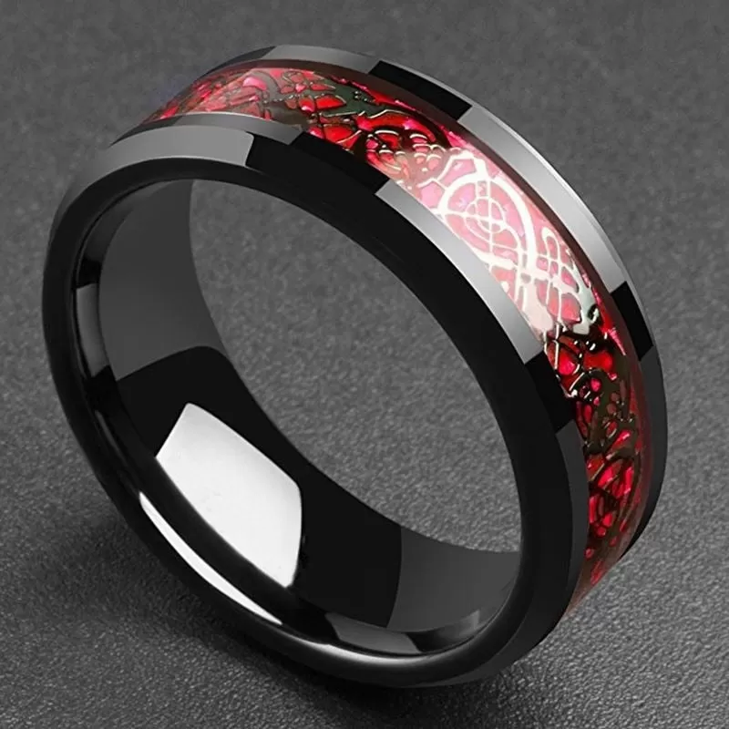 Black Celtic Dragon Inlay and Bow White/Red Cubic Zirconia Stainless Steel Wedding Ring Set