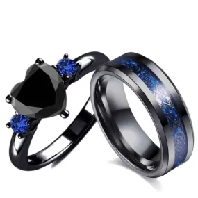 Black Celtic Dragon Inlay Tungsten Carbide and Black Heart Cubic Zirconia Wedding Ring Set