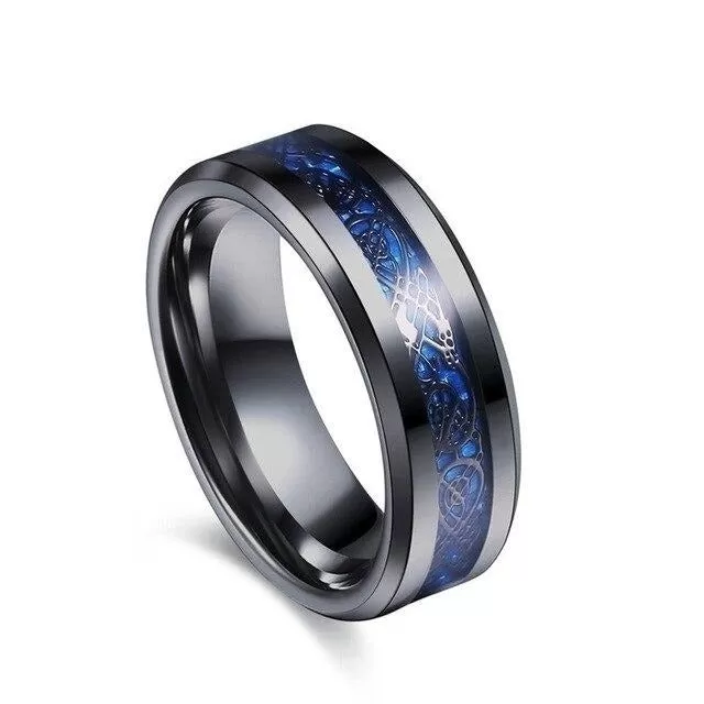 Black Celtic Dragon Inlay Tungsten Carbide and Black Heart Cubic Zirconia Wedding Ring Set