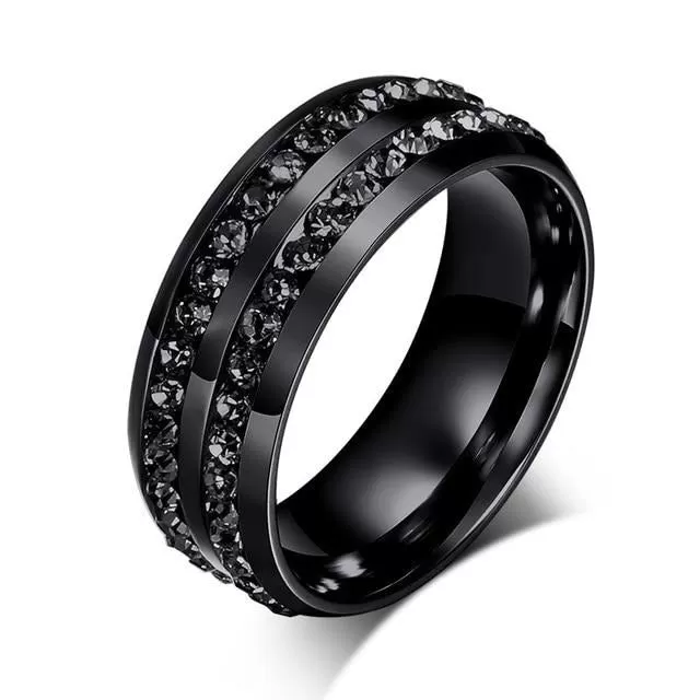 Black Cubic Zirconia and Rhinestones Heart Stainless Steel Ring Set