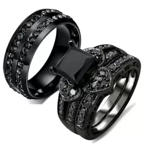 Black Cubic Zirconia and Rhinestones Heart Stainless Steel Ring Set