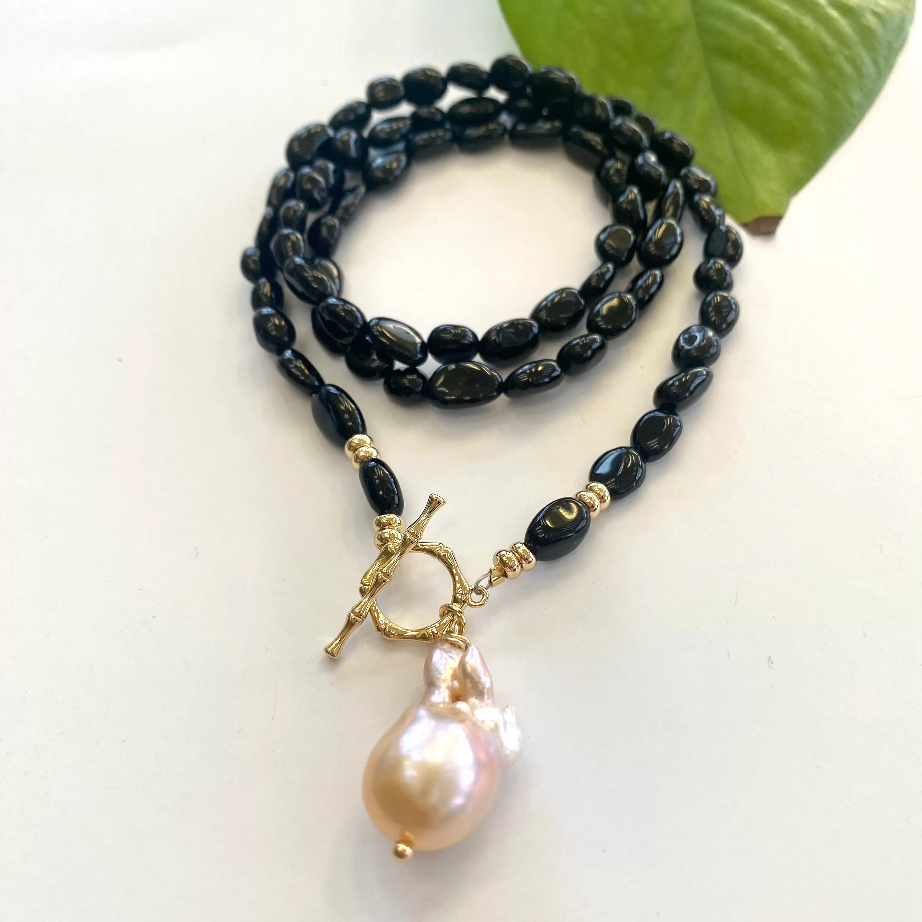 Black Tourmaline and Golden Pink Baroque Pearl Toggle Necklace, Gold Plated, 22 or 23inches