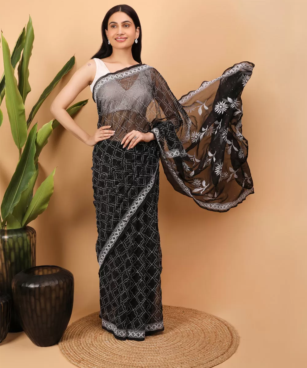 Black white cotton handloom chikankari saree