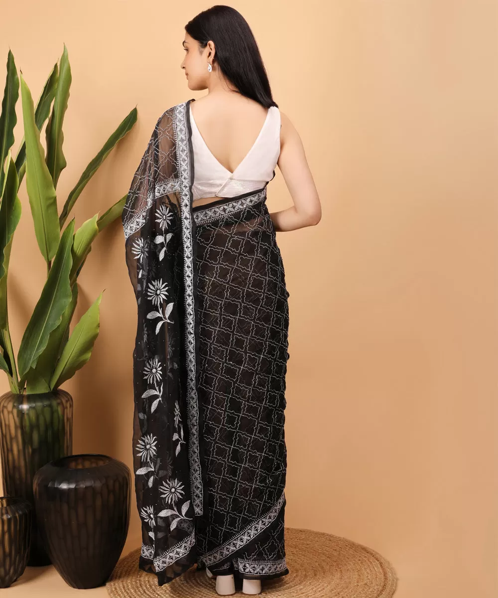 Black white cotton handloom chikankari saree