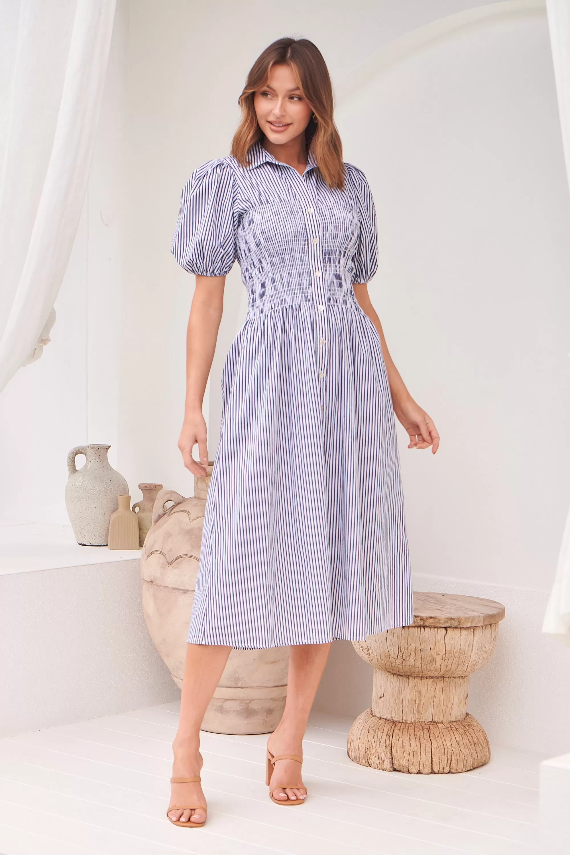 Blu Collared Blue/White Striped Button Front Midi Dress