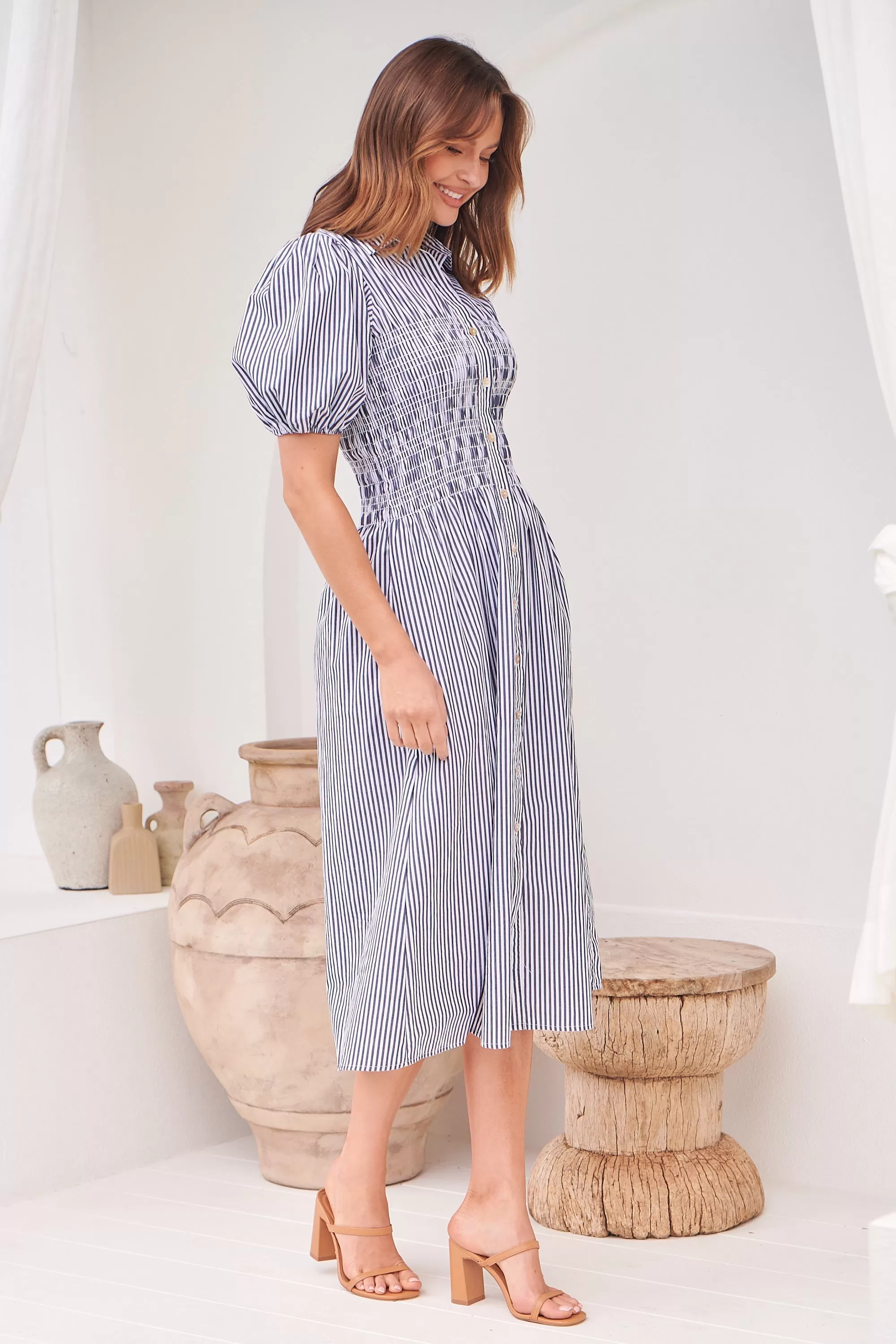 Blu Collared Blue/White Striped Button Front Midi Dress