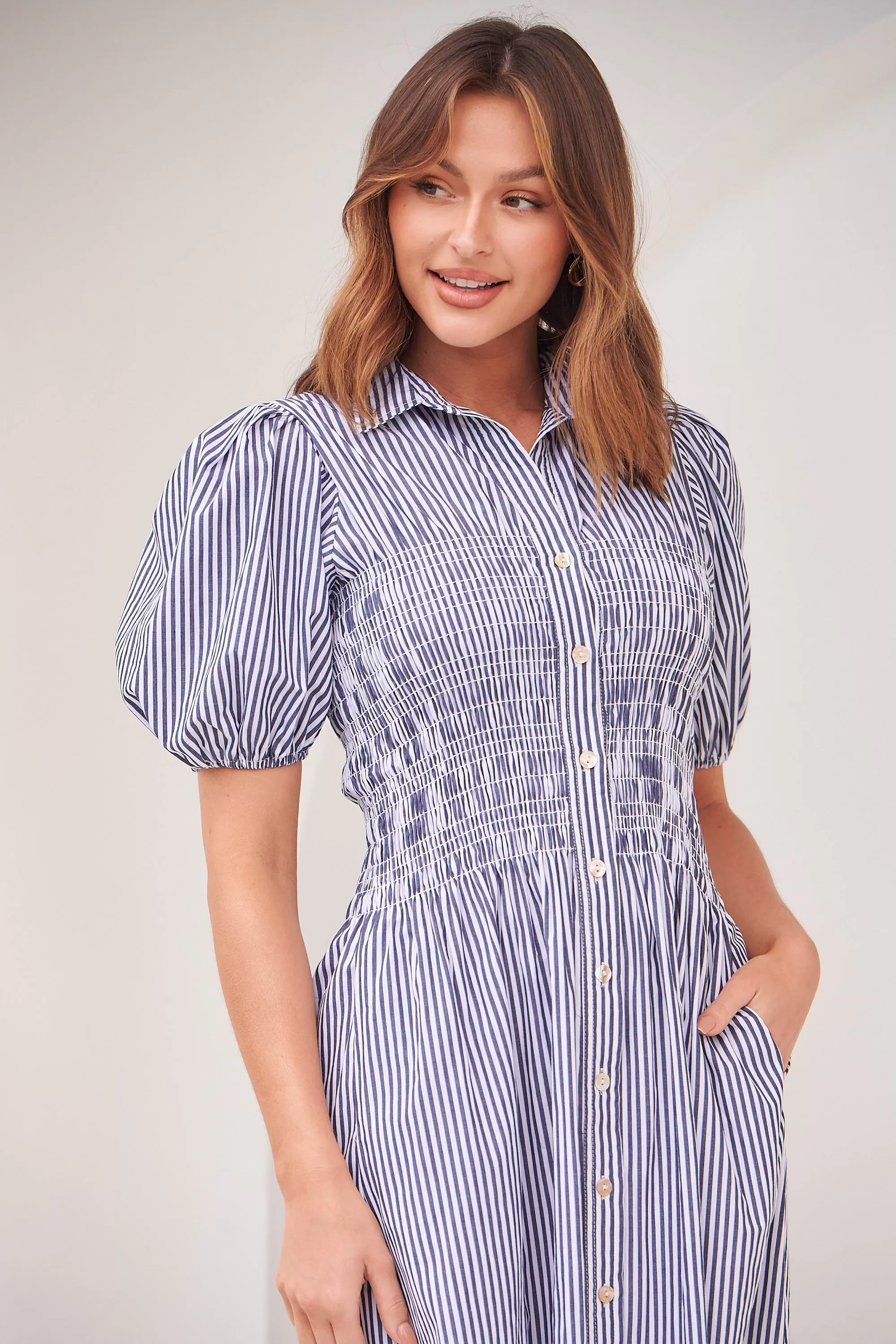 Blu Collared Blue/White Striped Button Front Midi Dress