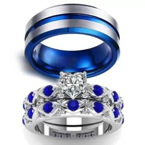 Blue Inlay and Blue/White Cubic Zirconia Heart Stainless Steel Wedding Ring Set