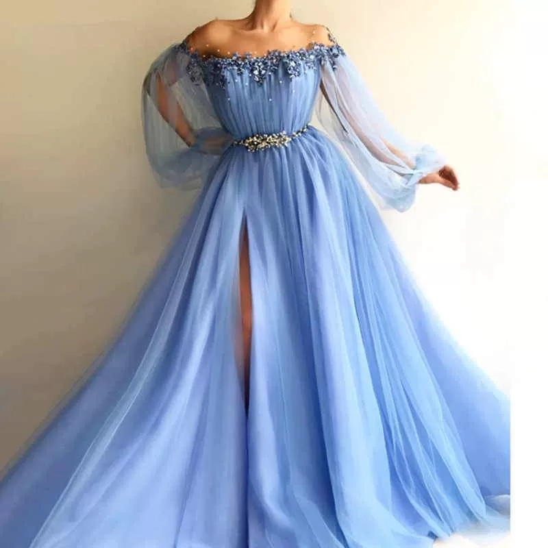 Blue Long Sleeve Tulle Prom Dresses with High Split Beaded Crystal Evening Dresses