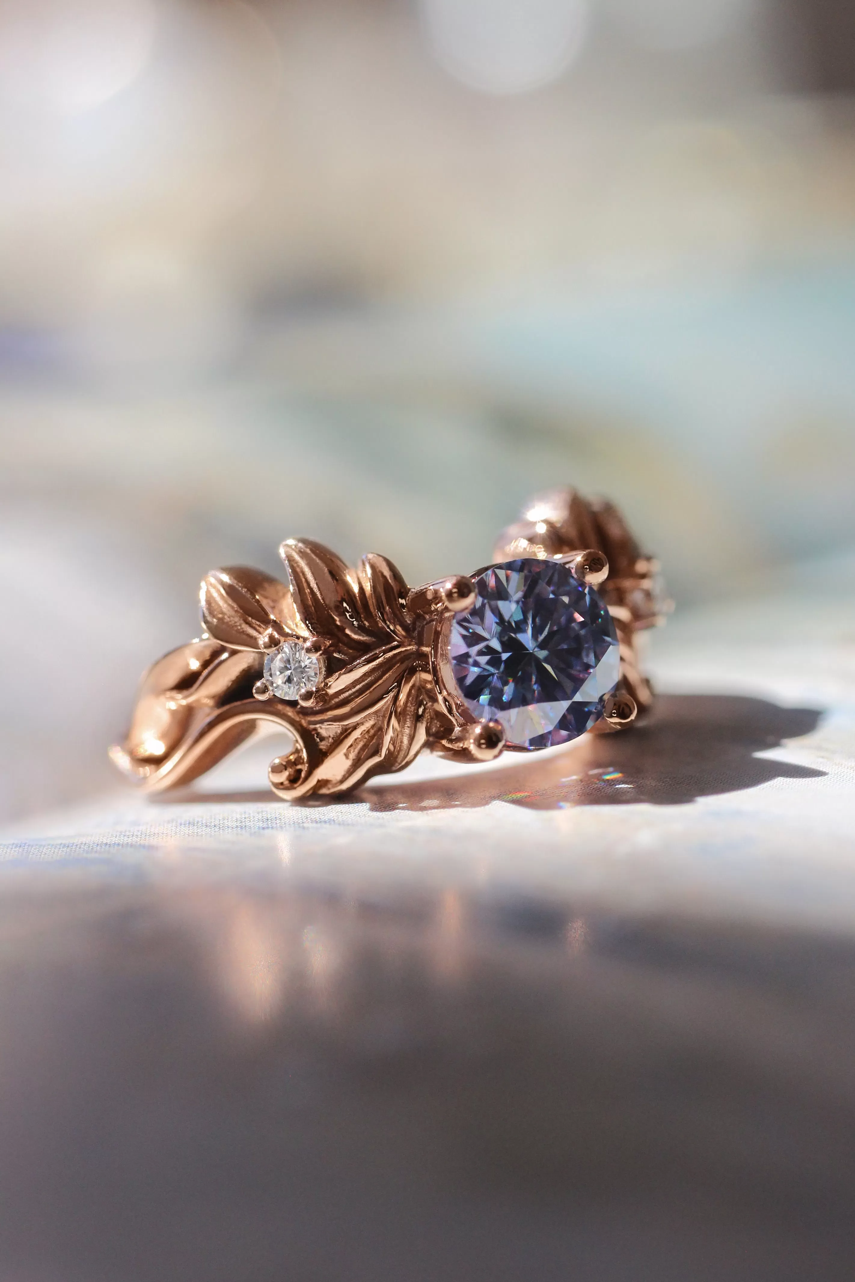 Blue moissanite ring, leaf engagement ring