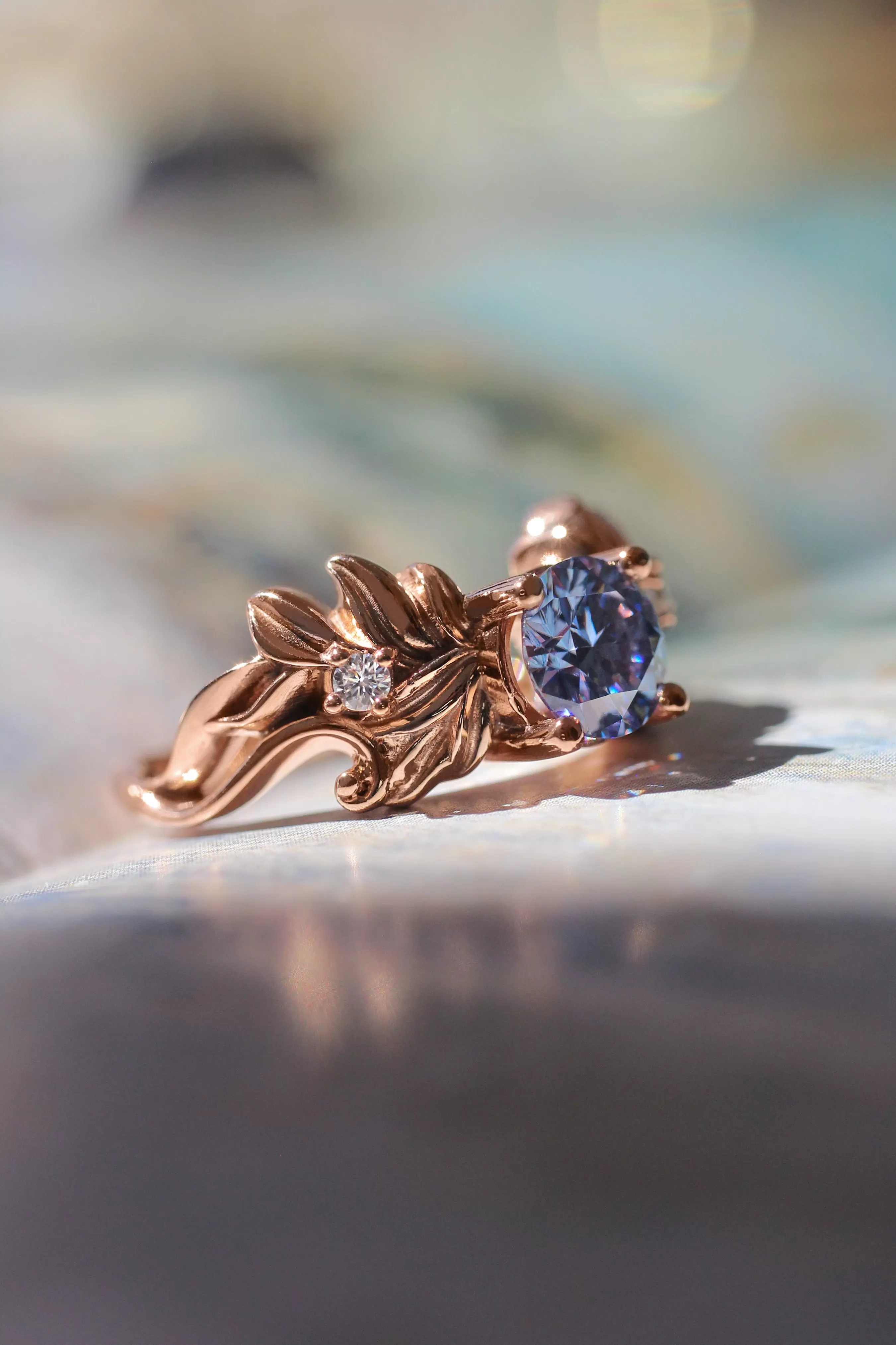 Blue moissanite ring, leaf engagement ring