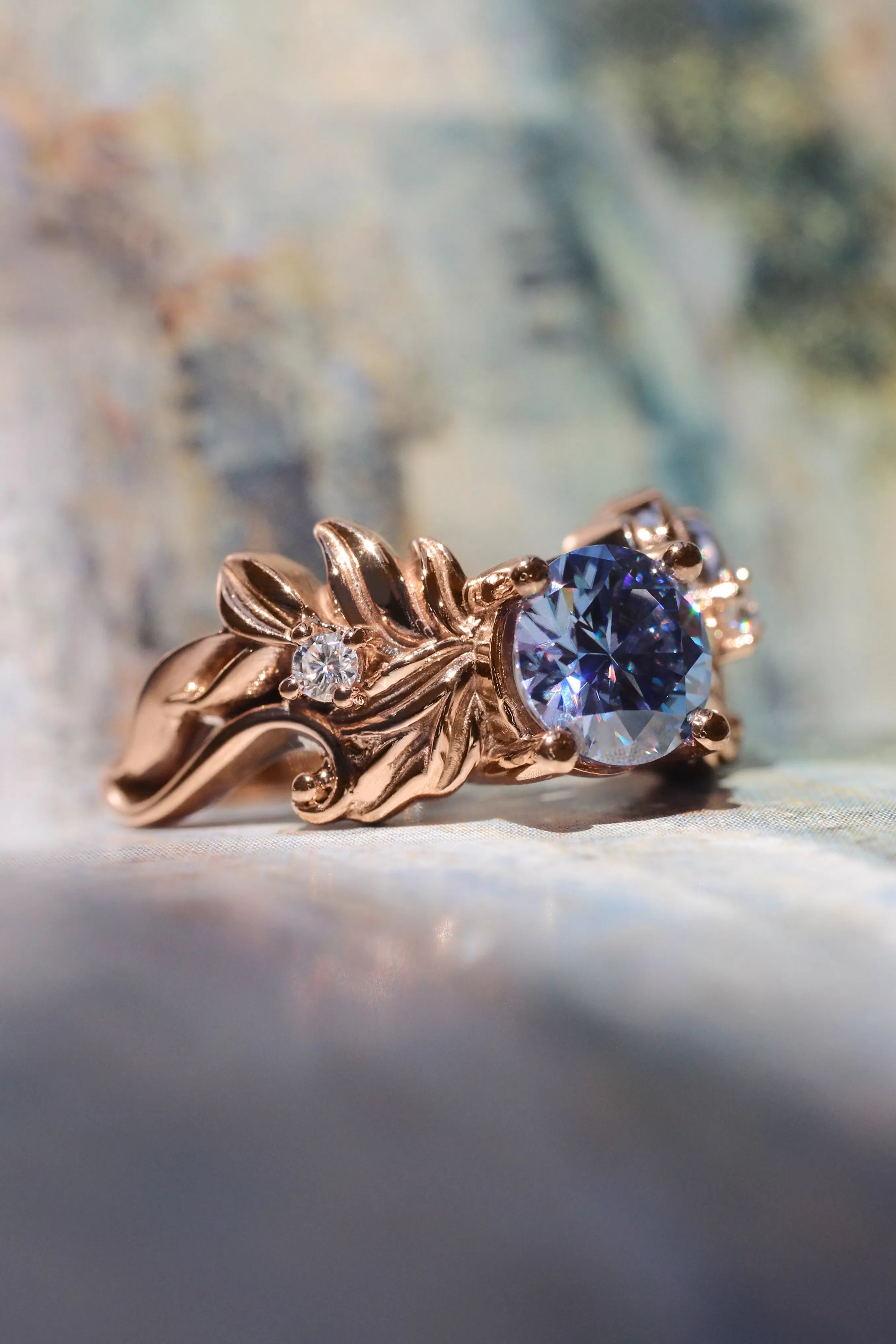 Blue moissanite ring, leaf engagement ring