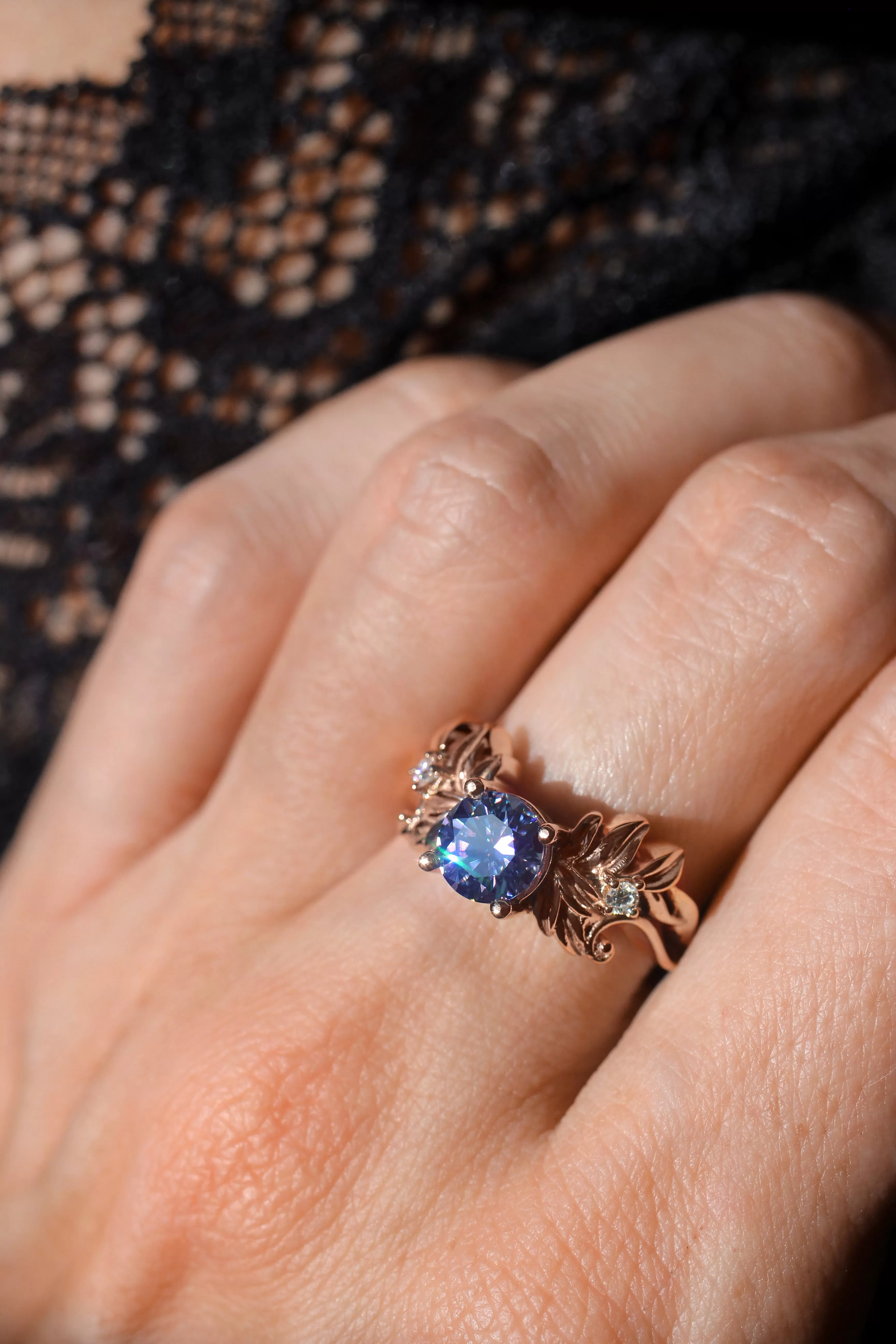 Blue moissanite ring, leaf engagement ring