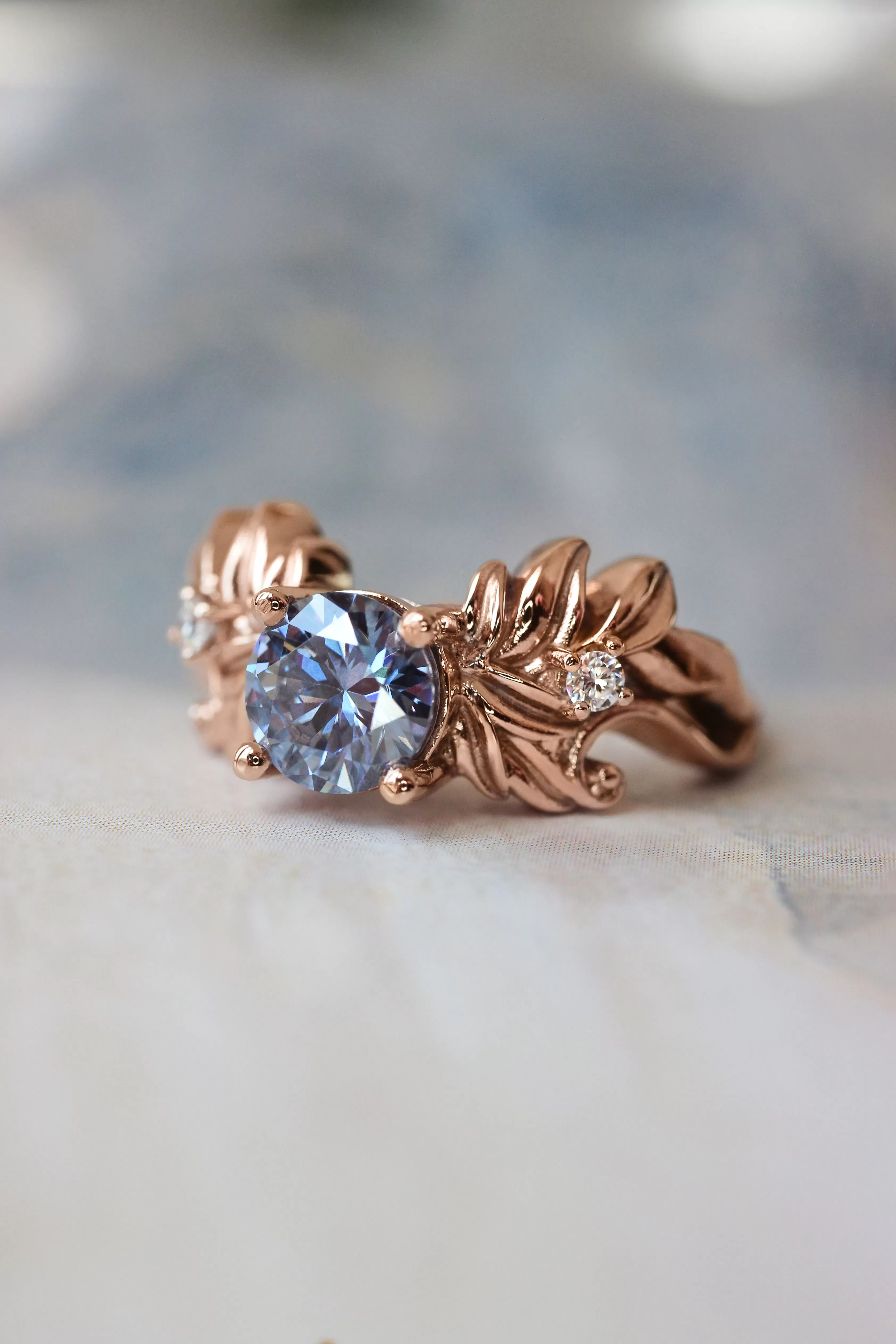 Blue moissanite ring, leaf engagement ring