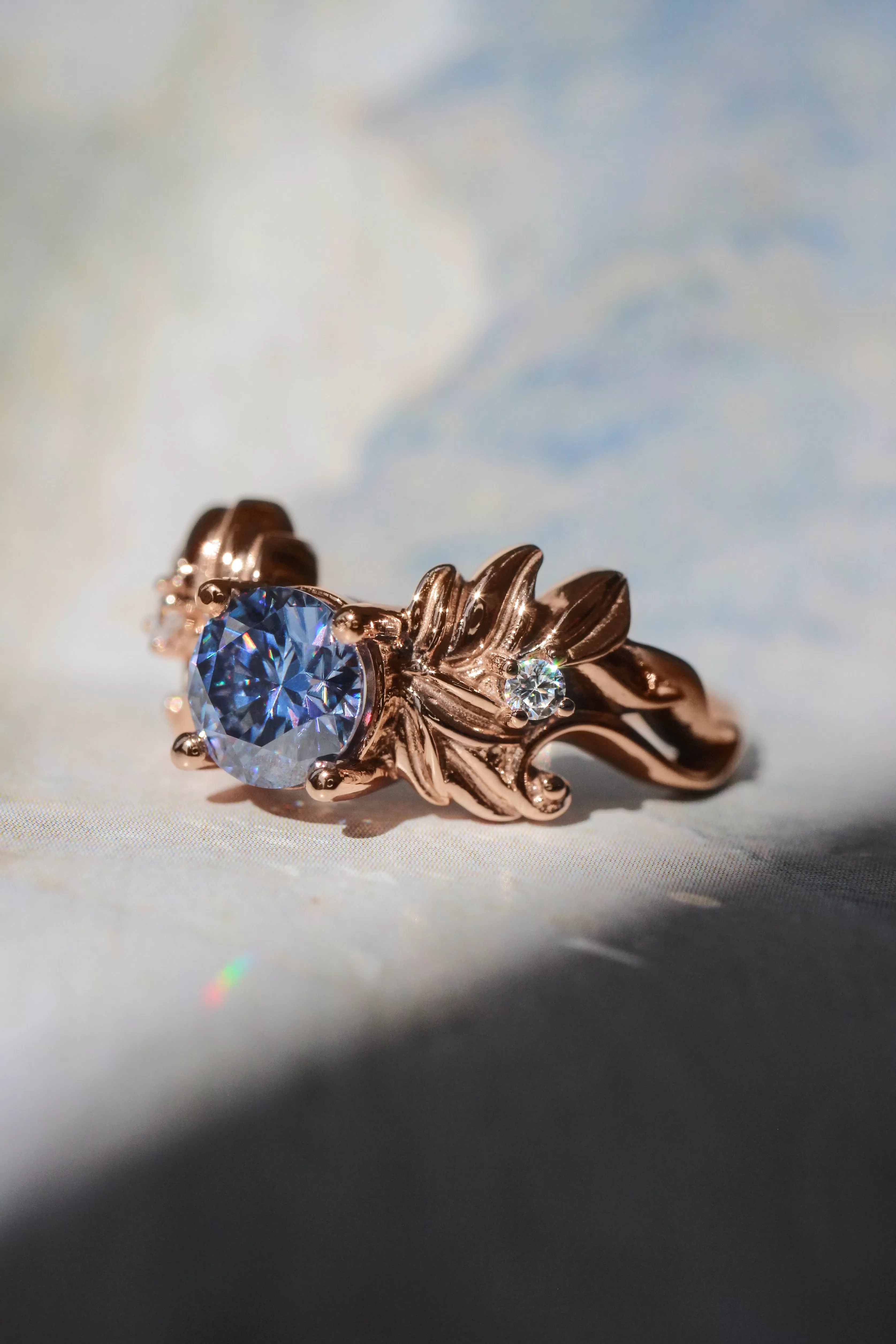 Blue moissanite ring, leaf engagement ring