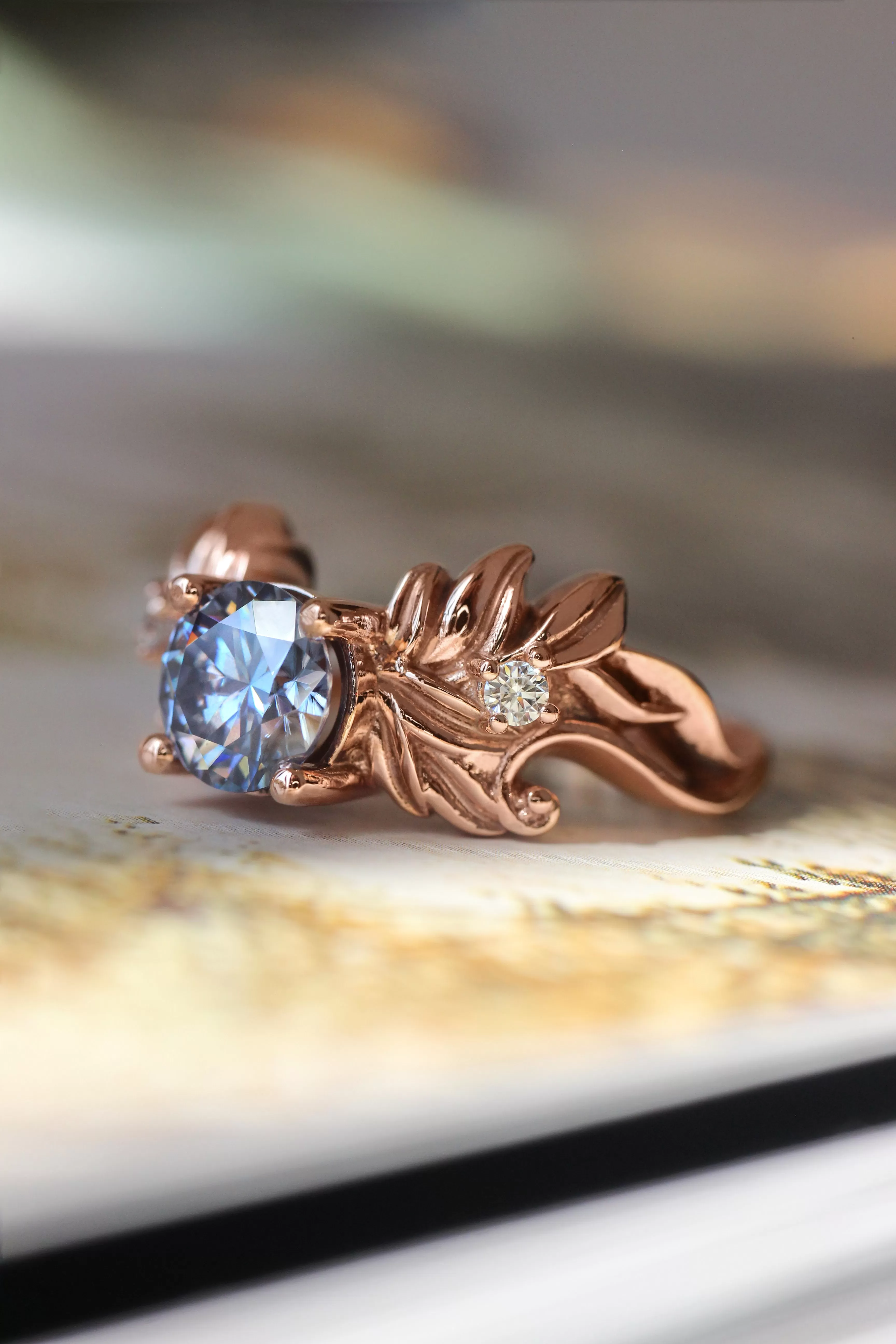 Blue moissanite ring, leaf engagement ring