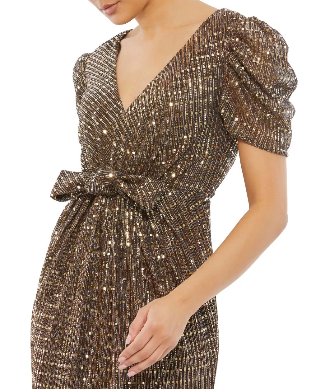 Bow Waist Cap Sleeve Metallic Gown