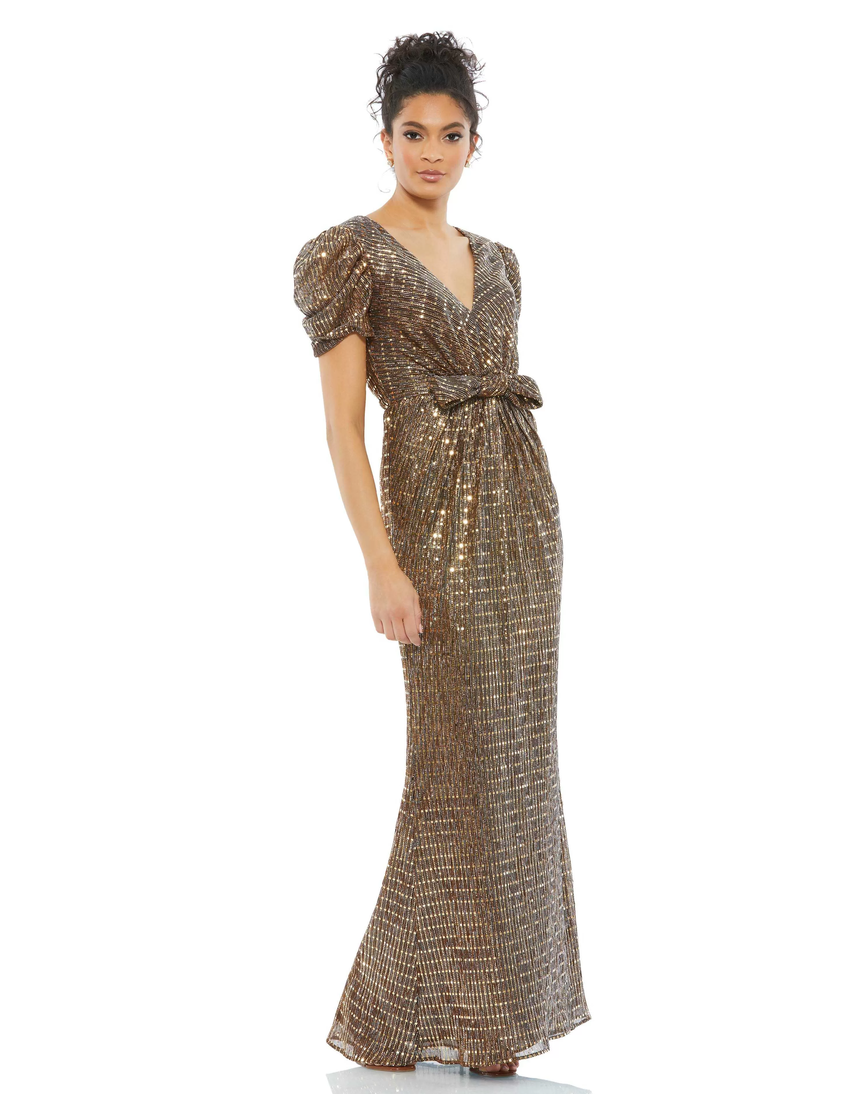 Bow Waist Cap Sleeve Metallic Gown