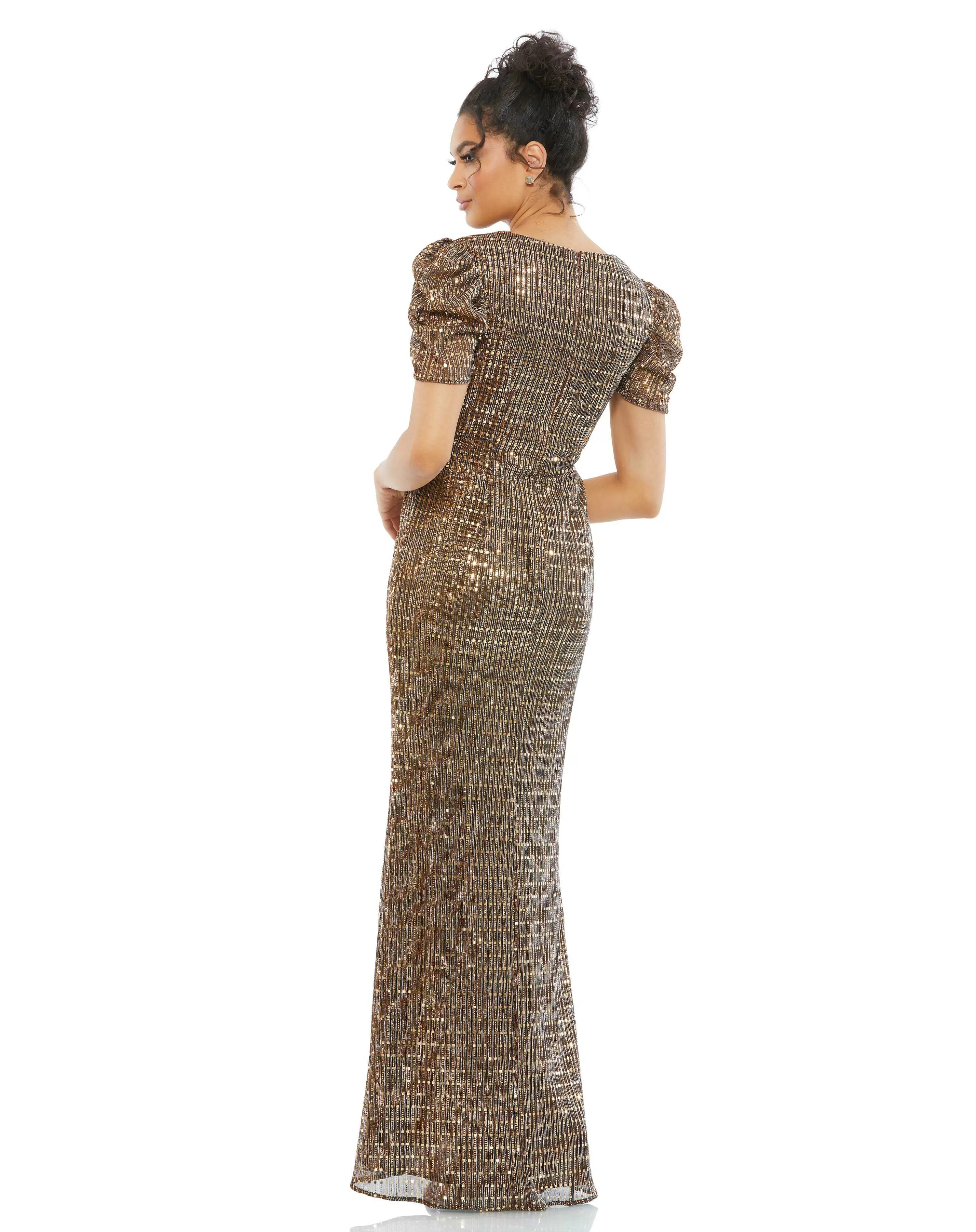 Bow Waist Cap Sleeve Metallic Gown