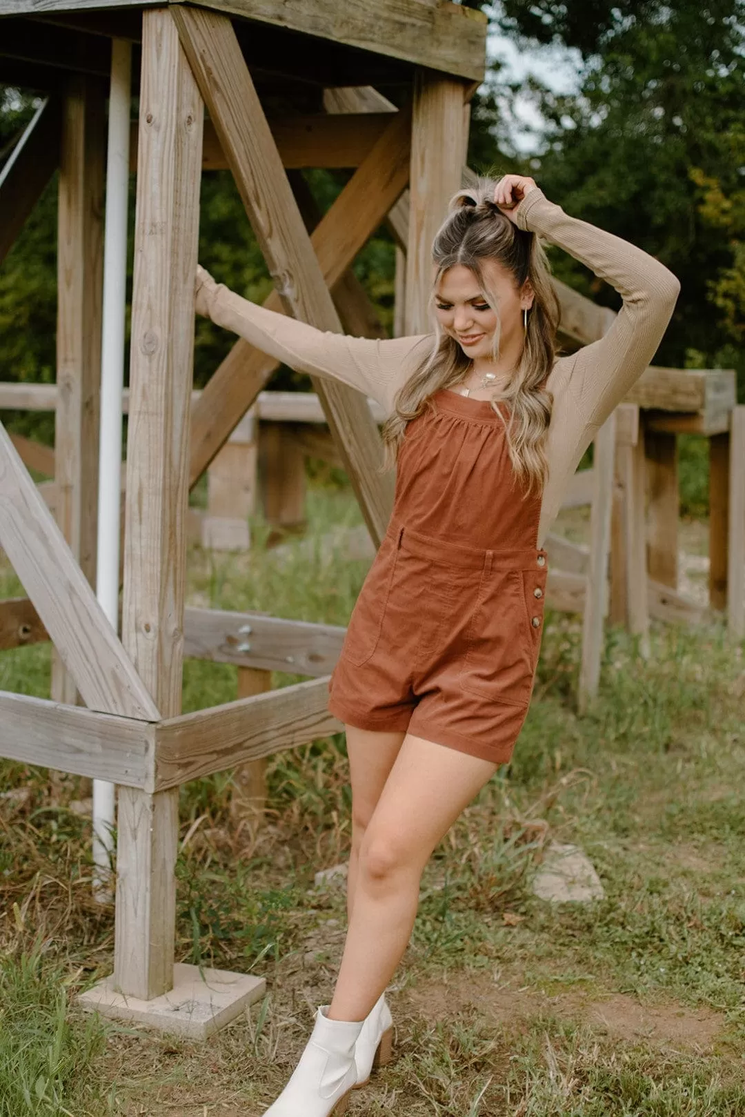 Brick Corduroy Overall Romper