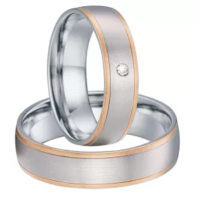 Brushed Silver and Polished Rose Gold Cubic Zirconia Stainless Steel Wedding Ring Set