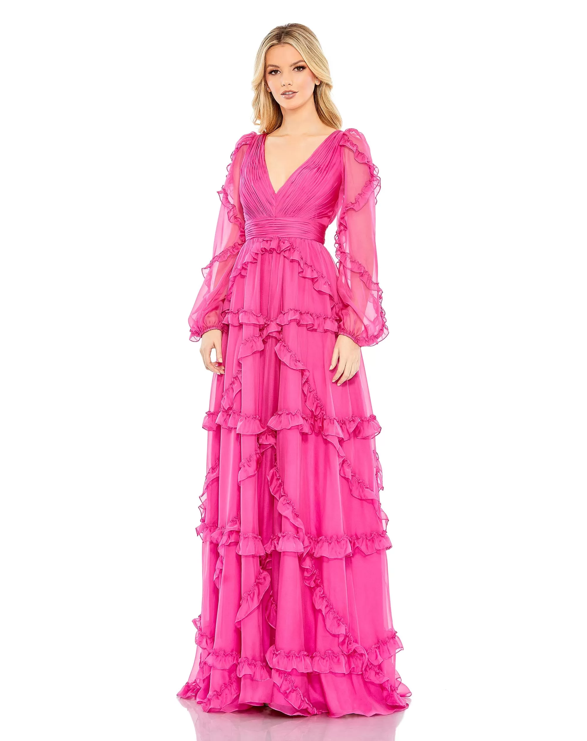 Cascading Ruffle Puff Sleeve A Line Gown